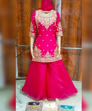Grand Party Wear Embroidered Sharara 3-Piece Set with Full Flared Pants & Border Beads Work – Rani Pink