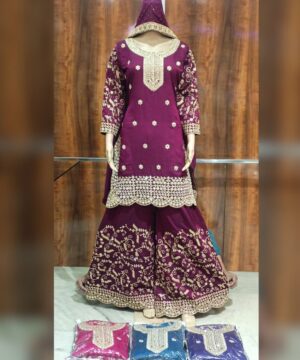 Grand Party Wear Embroidered Kurti Sharara Set with Heavy Border Work – Wine Purple