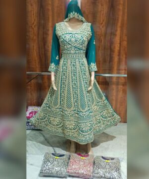 Grand Party Wear Georgette Anarkali Gown with Mirror Work & Embroidery – Teal Green